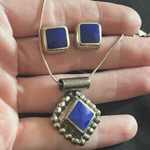 Vintage MEXICO 925 Sterling Silver Blue Lapis Stone Necklace and Earrings Signed